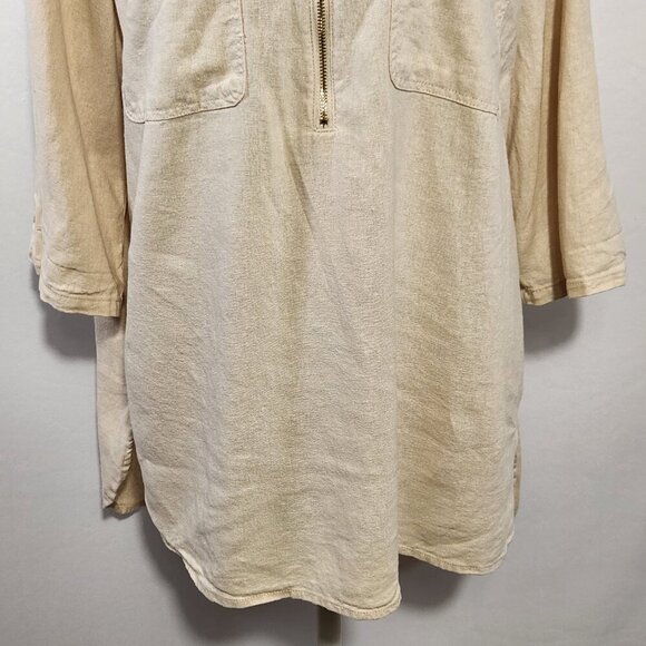 Anne Klein Women's L Beige Linen Blend Roll Tab Sleeve Front Zipper  Pocket Top - Picture 3 of 15